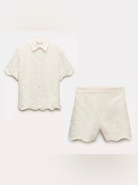 Zara Cream Embroidered Shorts & Shirt High-Waist Scalloped ZW Collection Set, L